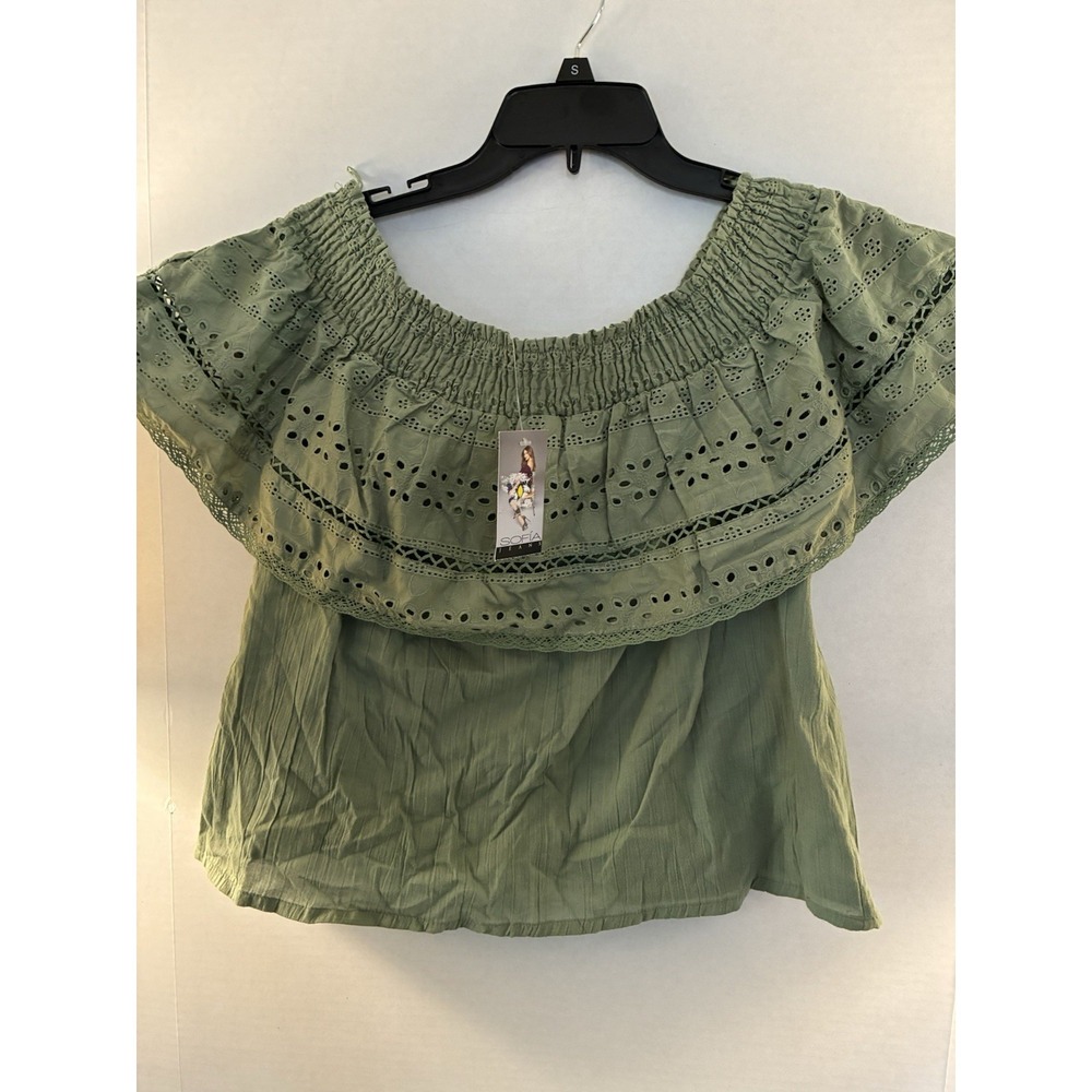 Sofia Vergara Eyelet Off Shoulder Peasant Top Green Boho Smocked‎ Womens S NWT